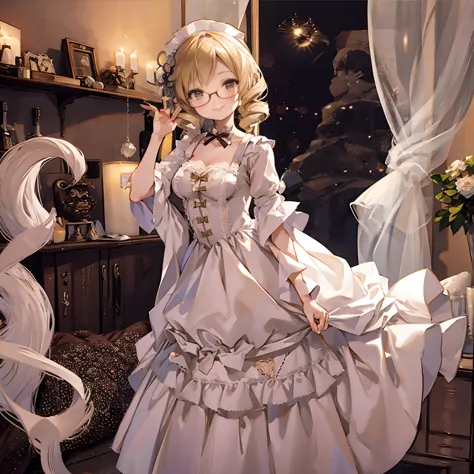 Slim woman wearing glasses、Show your underwear、Sheer lace underwear、Long maid outfit、Mami Tomoe、smile、Bedroom、Are standing