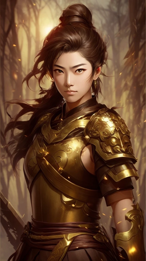 Please change the gender of the anime character in the image to male. The  style should be consistent with the original image. The specific descriptions are as follows:
Bronze was his base hue, and the resolute lines of his brows and eyes, together with her unwavering gaze, reflected an inner grandeur befitting a war deity. Clouds and thunder patterns adorned her chest, while fierce tigers – in the form of Tiāotíē – graced either side of her armor; he had originated from the Shang Dynasty's iconic bronze vessel, the Lady-Mother-of-the-East-Warrior Vessel (Gǔmǐn dūng). He is a warrior. manga style, fantastic style, ancient Chinese boy