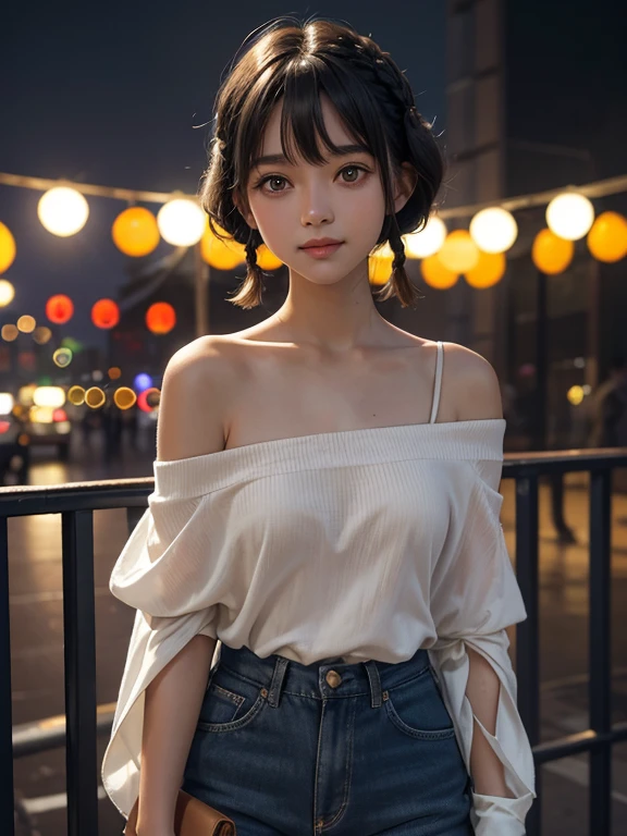 （Fluorescent Color：1.4），（translucent：1.4），（Retro filter：1.4），（strange：1.4），（Photo of a woman，1 girl：12 years old），Off-shoulder，loose clothes，light, Smile,Short hair details，Black shawl straight hair，Side Bangs，tiny braids，High-resolution details、Very detailed、light、Surrealism、Soft Light、Deep field focus bokeh，It&#39;s a perfect face，Pretty Face，beautiful eyes，（Perfect female body），（Perfect breast shape，See-through breasts、Showing nipples），Candy Land Disneyland，Vague、Softness、Fluffy、softscape，Pale pink sky，Green and blue luster，Elegant light powder，Wonderful rainbow glow、Star，diamond sparkles，Gemstone background，(Hyperrealism)、(Super quality)、light，Rich in details，Full HD，Plenty of lighting，