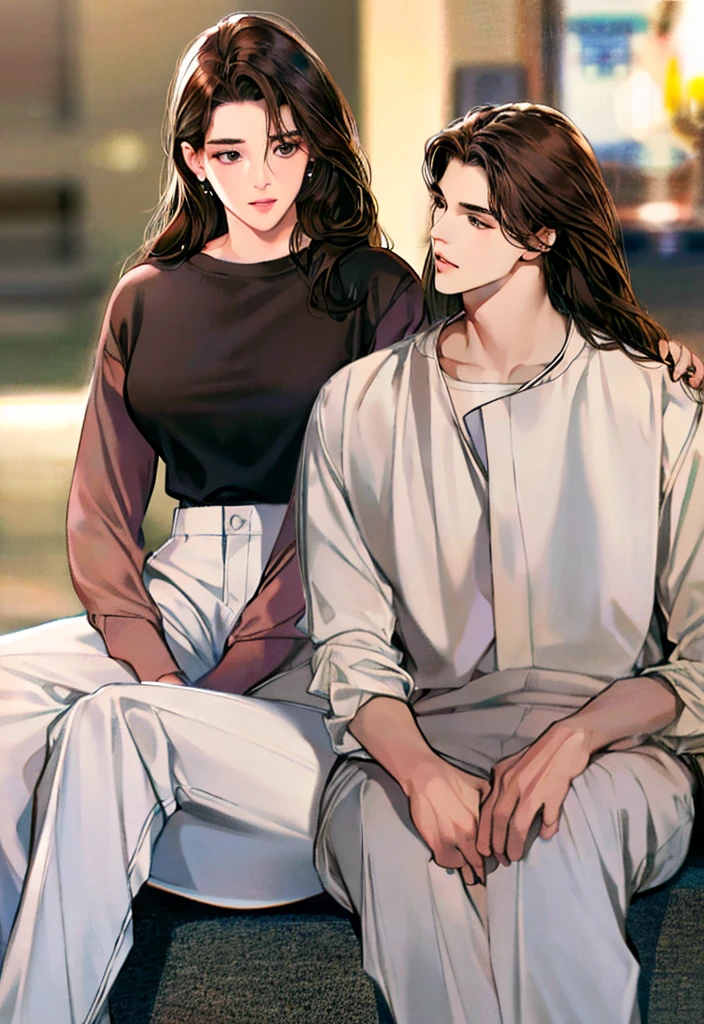 Concept art, love themes, illustrations, 1girl, 1boy, brown hair, shirt, black hair, white shirt, brown eyes, hetero, sitting, blurry background, blurry, long hair, looking at another, white pants, pants, black eyes, long sleeves, collared shirt, closed mouth, lips, couple