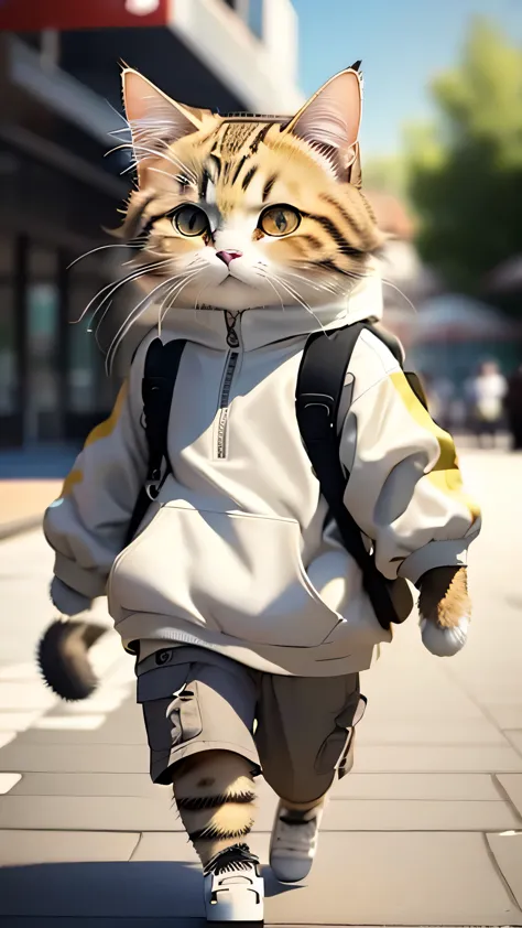 Create a realistically textured bipedal calico cat。A cat with random grey patterns.、Sporty man clothing（Soccer Shirts、Jerseys et...