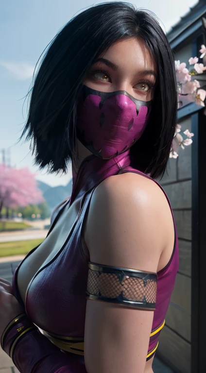 (high quality photo, ultra realistic, 8k, Seductive portrait of (the thousandth), mortal kombat), close up photography, portrait, (the thousandth wearing demon mask), super beautiful with angry expression, bright pink eyes, photo taken close up, normal hands, detailed fingers, Masterpiece, (realistic 8k, photorealistic: 1.37), detailed realistic, 1 girl, super straight shoulder length short hair: 1 .5, black fur: 1.2, ojos rbright Eyes: 1.5, bright Eyes, ((the thousandth from Deadly Game kombat)), ninja wearing demon mask, Weapons, kimono, dress, Purple Warrior Micro Swimsuit, ((mortal kombat)), big and long breasts, Fighting stance with legs spread, flexible body, curved body, serene look, Temple, meditation, Apocalyptic, (ninja mask), eyes to the sky, demon mask, reflection, (photo background: shows clear officer, officer, Cherry Blossom), perfect hands, she uses sai Weapons in her hands, sexy ninja hot body,