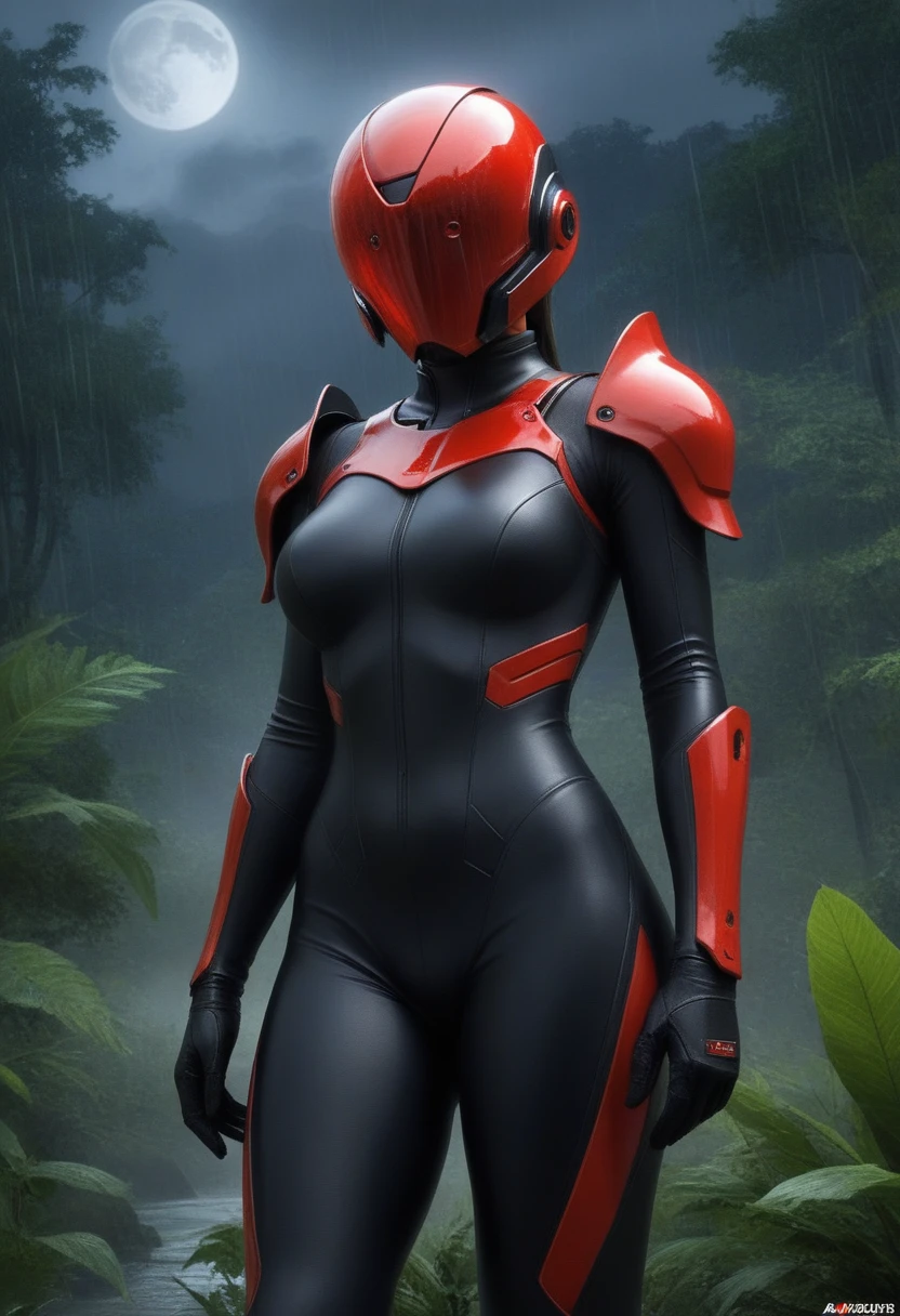 zPDXL, source_anime, BREAK Trilla, helmet with red translucent visor, , armor,black gloves,tight bodysuit,,black pants, BREAK close-up, solo, standing, front view, medium breasts, , wide hips, BREAK x3dce, 3d, jungle background, dense vegetation, rain, night, night sky,
