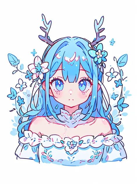 1girl, long blue hair, deer ears, white deer antlers, butterfly hair ornament, blue flower, elegant white off shoulder dress, sp...