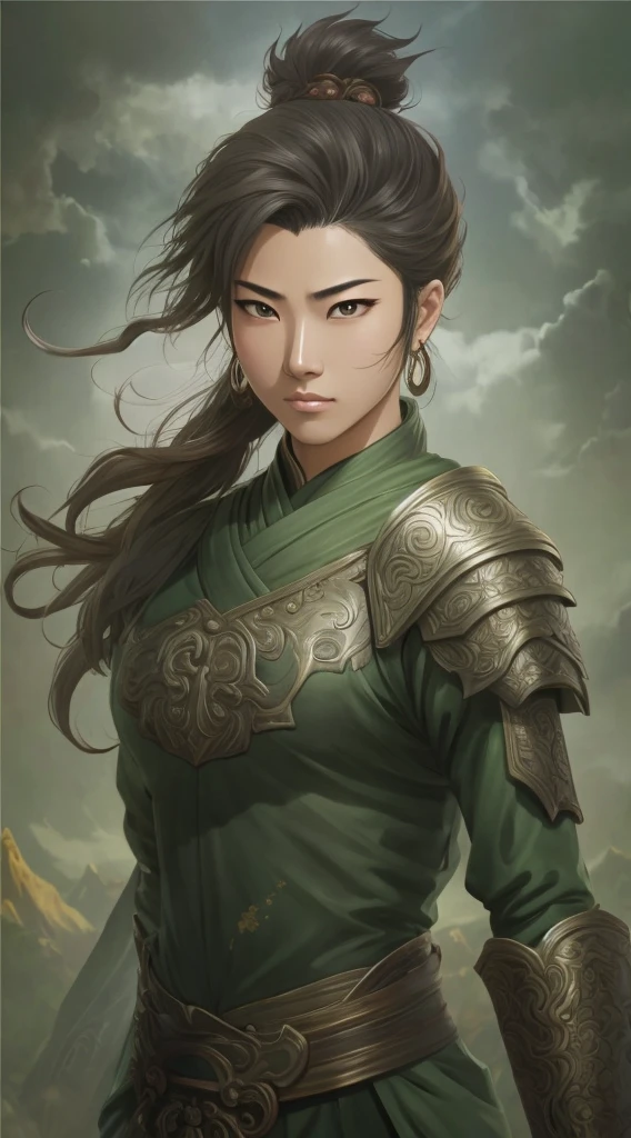 Please change the gender of the anime character in the image to male. The  style should be consistent with the original image. The specific descriptions are as follows:
Bronze was his base hue, and the resolute lines of his brows and eyes, together with her unwavering gaze, reflected an inner grandeur befitting a war deity. Clouds and thunder patterns adorned her chest, while fierce tigers – in the form of Tiāotíē – graced either side of her armor; he had originated from the Shang Dynasty's iconic bronze vessel, the Lady-Mother-of-the-East-Warrior Vessel (Gǔmǐn dūng). He is a warrior. manga style, fantastic style, ancient Chinese boy