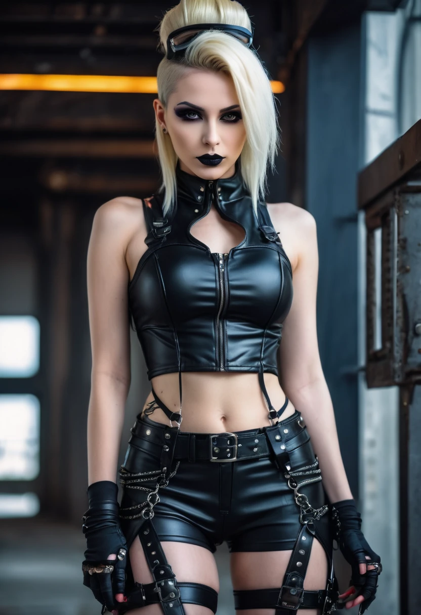 close-up photo of a woman in black open femdom clothes, full body shot, edgy and bold hairstyle, blond hair, crop top, hotpants, Metal jewelry, Dynamic posture, handsome body, slim figure, small breasts, seductive cyberpunk dark fantasy, Sensual, Gloomy style, dark fantasy mixed with realism, goth girl, dominatrix in play, femdom in play, mistress, seductive, very beautiful goth top model, gothic horror vibes, The Queen of Dark Gothic, Gothic atmosphere, goth woman, Awesome and gloomy, ornamental gothic - cyberpunk, Gothic - Cyberpunk,