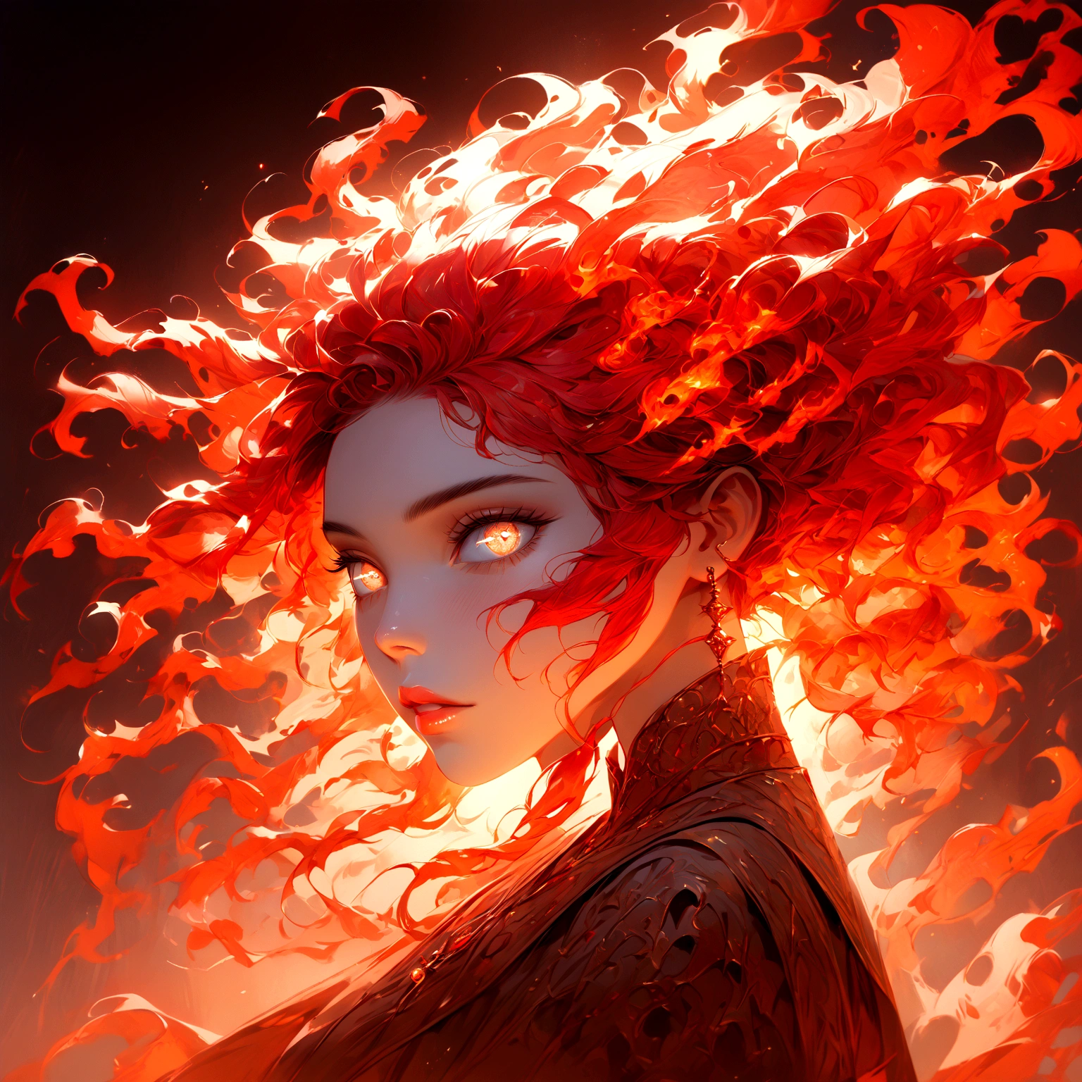 masterpiece, best quality, 1girl, solo, red hair, fiery hair, white eyes, extremely detailed eyes and face, beautiful detailed lips, longeyelashes, fantasy portrait, hyperrealistic, dramatic lighting, glowing, dramatic pose, mystical, ethereal, dramatic colors, warm color palette