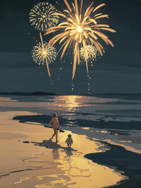 (masterpiece:1.2), (highest quality:1.2), (watercolor), (no human), only background, fireworks in the sky, beach, ocean and sky ...