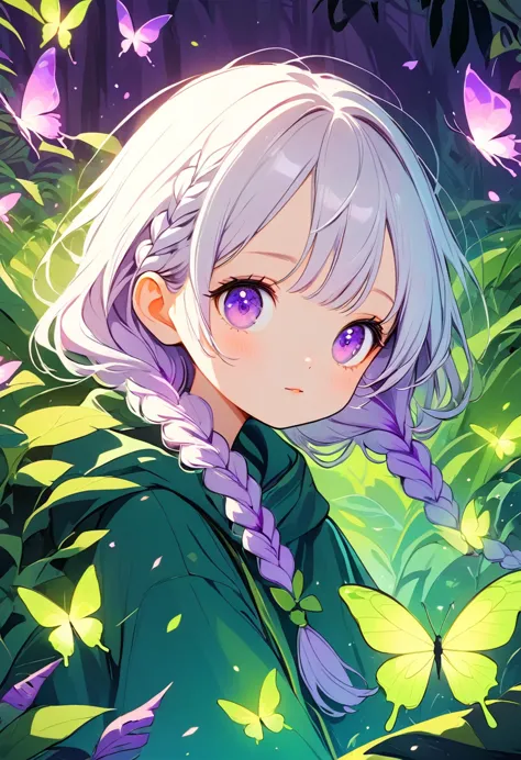 Vector illustration，Beautiful witch with two purple braids，Cute little boy：1.37，Purple Eyes，White hair-purple-long braids。jungle...