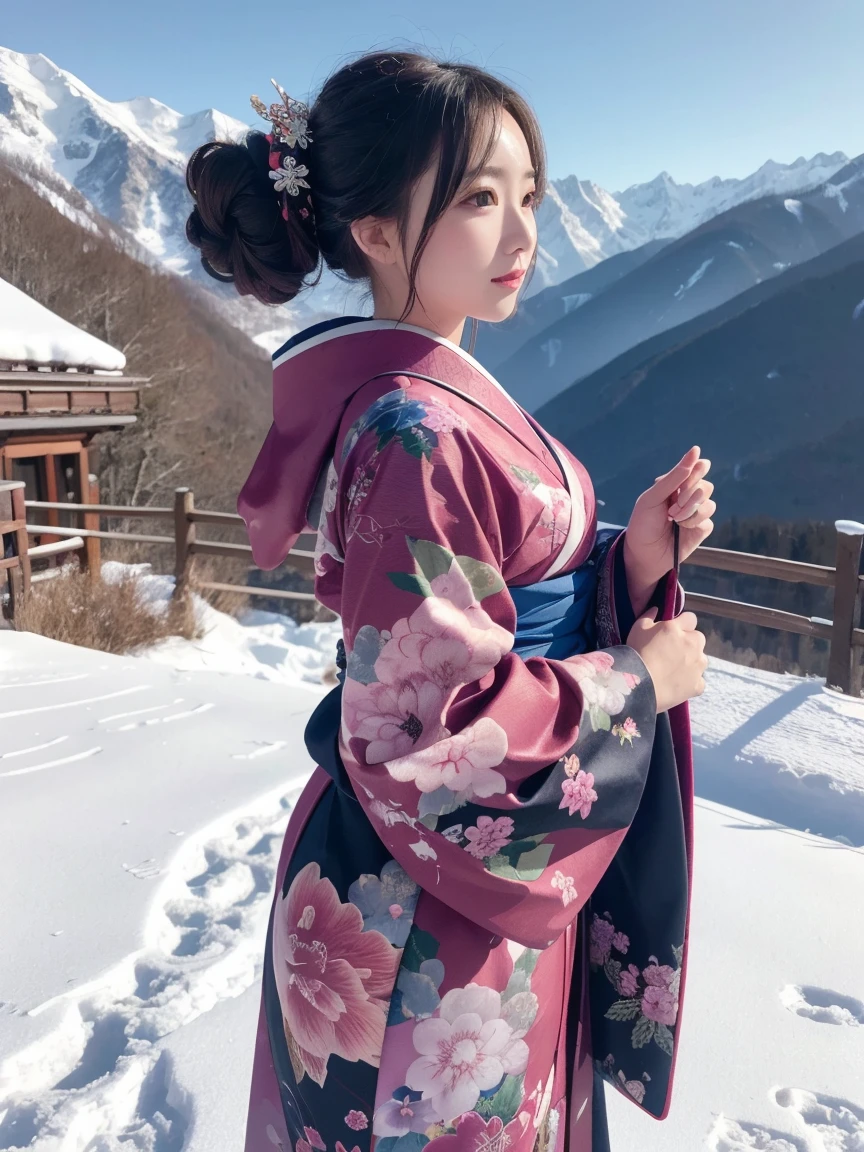 Highest quality, Super detailed, In detail, High resolution, Perfect dynamic composition, Beautiful attention to detail,kimono,Ski,Snow Mountain,winter,Long Updo