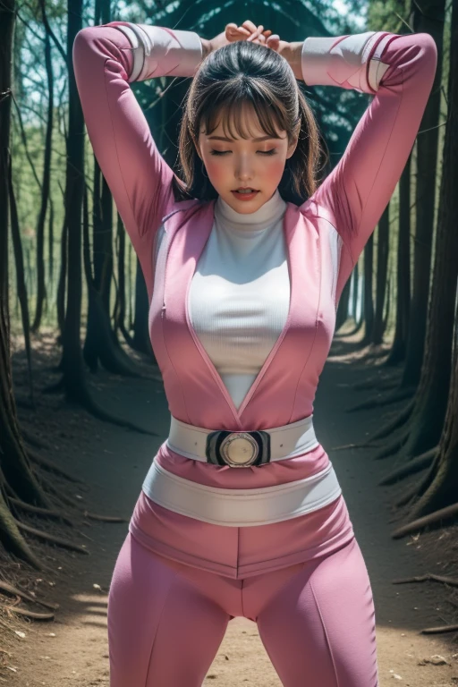 pink theme，pink ranger suit、curvy, big breats, full body, tied on Saint Andrew's cross in X position, screaming in pain, crying, eyes are closed tight