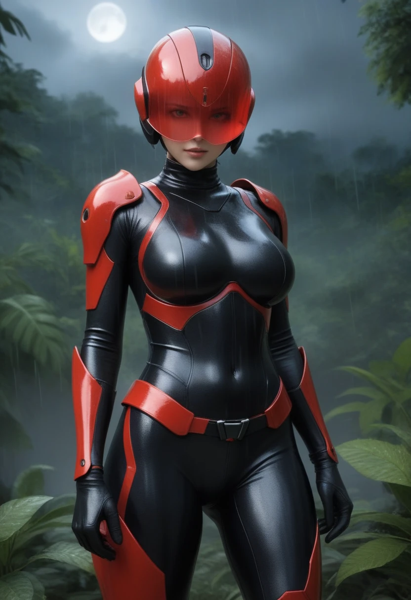 zPDXL, source_anime, BREAK Trilla, helmet with red translucent visor, , armor,black gloves,tight bodysuit,,black pants, BREAK close-up, solo, standing, front view, medium breasts, , wide hips, BREAK x3dce, 3d, jungle background, dense vegetation, rain, night, night sky,
