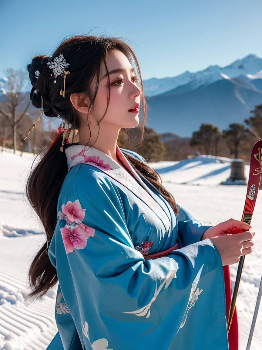 Highest quality, Super detailed, In detail, High resolution, Perfect dynamic composition, Beautiful attention to detail,kimono,Ski,Snow Mountain,winter,Long Updo