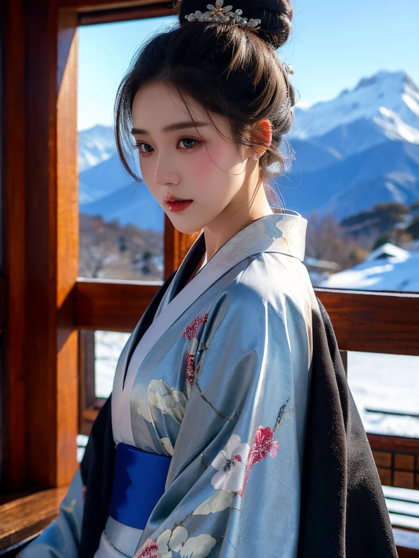 Highest quality, Super detailed, In detail, High resolution, Perfect dynamic composition, Beautiful attention to detail,kimono,Ski,Snow Mountain,winter,Long Updo