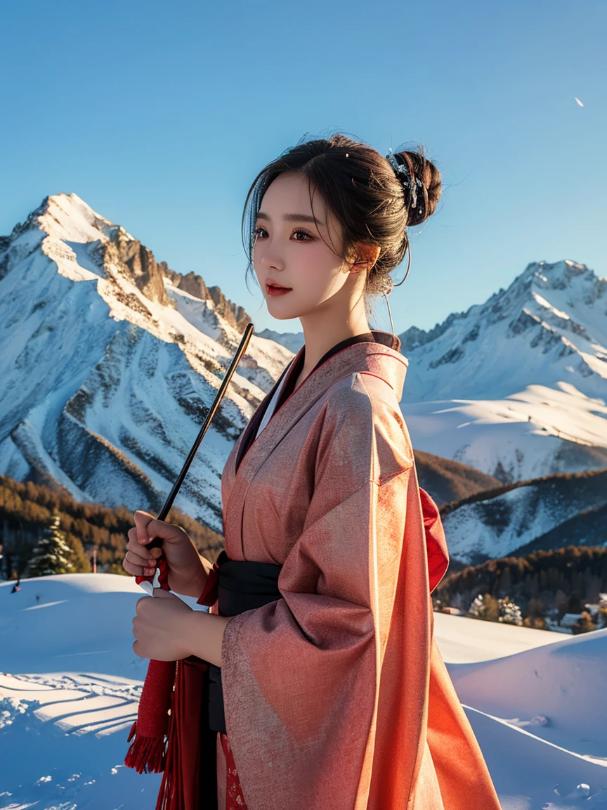 Highest quality, Super detailed, In detail, High resolution, Perfect dynamic composition, Beautiful attention to detail,kimono,Ski,Snow Mountain,winter,Long Updo