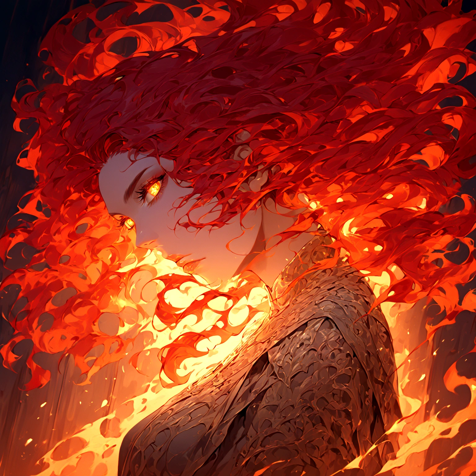 masterpiece, best quality, 1girl, solo, red hair, fiery hair, white eyes, extremely detailed eyes and face, beautiful detailed lips, longeyelashes, fantasy portrait, dramatic lighting, glowing, dramatic pose, mystical, ethereal, dramatic colors, warm color palette