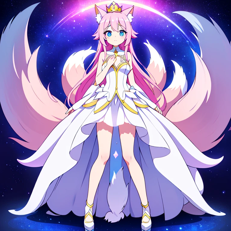 Full body, beautiful eyes , 1 girl  , full body , cute girl , anime style , cute eyes  , (ball gown) , crown , hidden legs ,( queen) , (standing up) , (Seraphtail has a sleek, elegant form covered in shimmering white fur that glows with an ethereal light. Its nine tails are long and graceful, each tipped with a soft, pastel color. The crystal on its chest radiates a calming, multicolored light. Seraphtail's eyes are a deep, serene blue, and it has delicate, fox-like features that exude wisdom and grace.) , crystal on chest