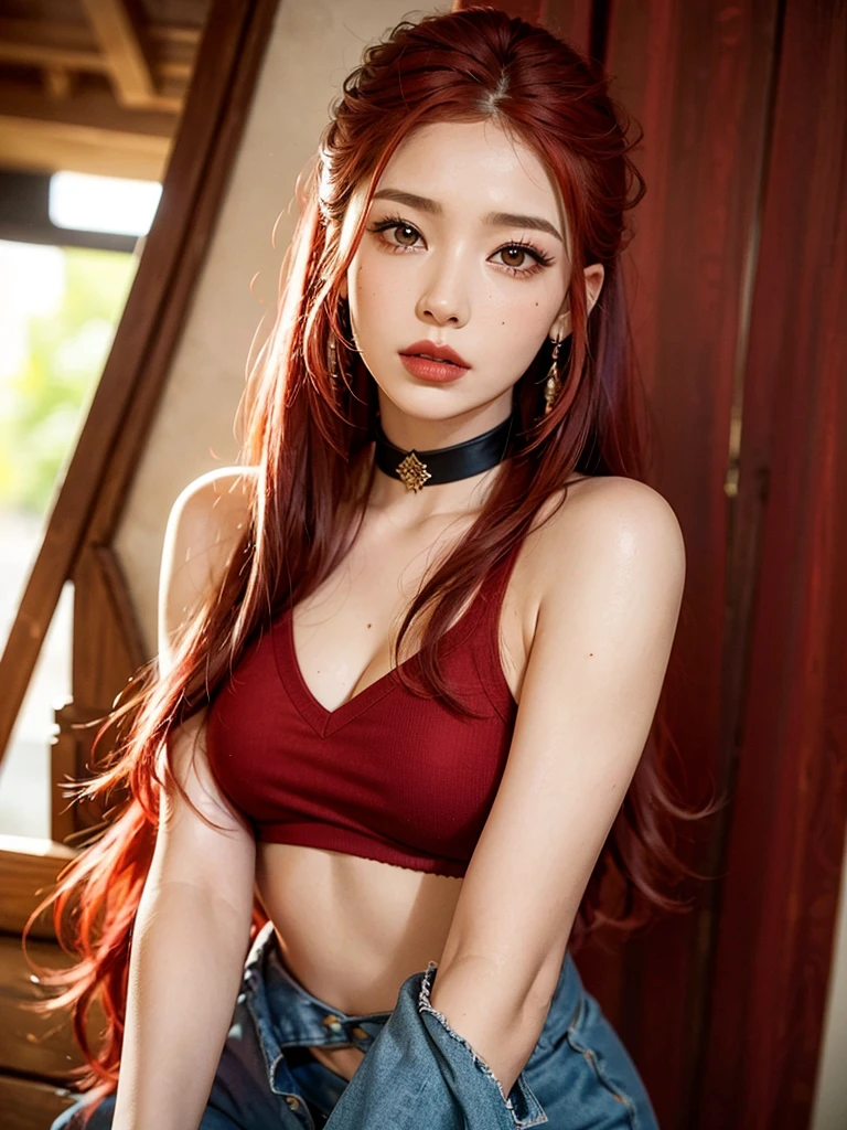  1girl, alone, solitary, high quality, (best quality,4k,8k,highres,masterpiece:1.2),ultra-detailed,(realistic,photorealistic,photo-realistic:1.37),gorgeous hair,bright red hair,long hair with bangs,sharp eyes,mole under the eye,plump lips,jewelry,(high detailed skin:1.4),(rim lighting:1.3),(lit:1.3),(sunny day:1.3),portrait,beautiful lips,waist-length hair,seductive gaze,moles,casual clothes,colorful clothing,close up,super long hair,choker necklace,bangs,fringe,dimples on the cheeks,dimples,red hair,rubyredhair,ruby red hair,black,red lips,red lipstick,round lips,round pouty lips,pouty lips,douyin makeup,sparkly makeup,blue,green,pink,purple,wine red,piercings,gems,lipstick,lip gloss,navel piercing, girl,innocent,red hair,dyed hair,cherry red hair,cherry red,cherry hair,redhead,youthful,modest,elegant,delicate,pretty girl