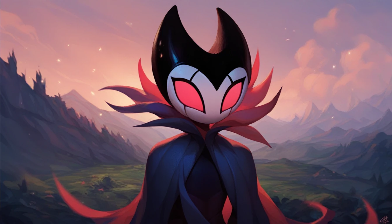 score_9, score_8_up, score_7_up, score_6_up, zPDXL2, grimm \(hollow knight\), vampire, bat, 1boy, solo, cute face, detailed eyes, landscape, outdoor, anthro, (solo portrait), (front view), clothed, highlight thighs, femboy, cool pose