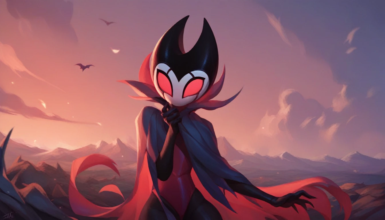 score_9, score_8_up, score_7_up, score_6_up, zPDXL2, grimm \(hollow knight\), vampire, bat, 1boy, solo, cute face, detailed eyes, landscape, outdoor, anthro, (solo portrait), (front view), clothed, highlight thighs, femboy, cool pose