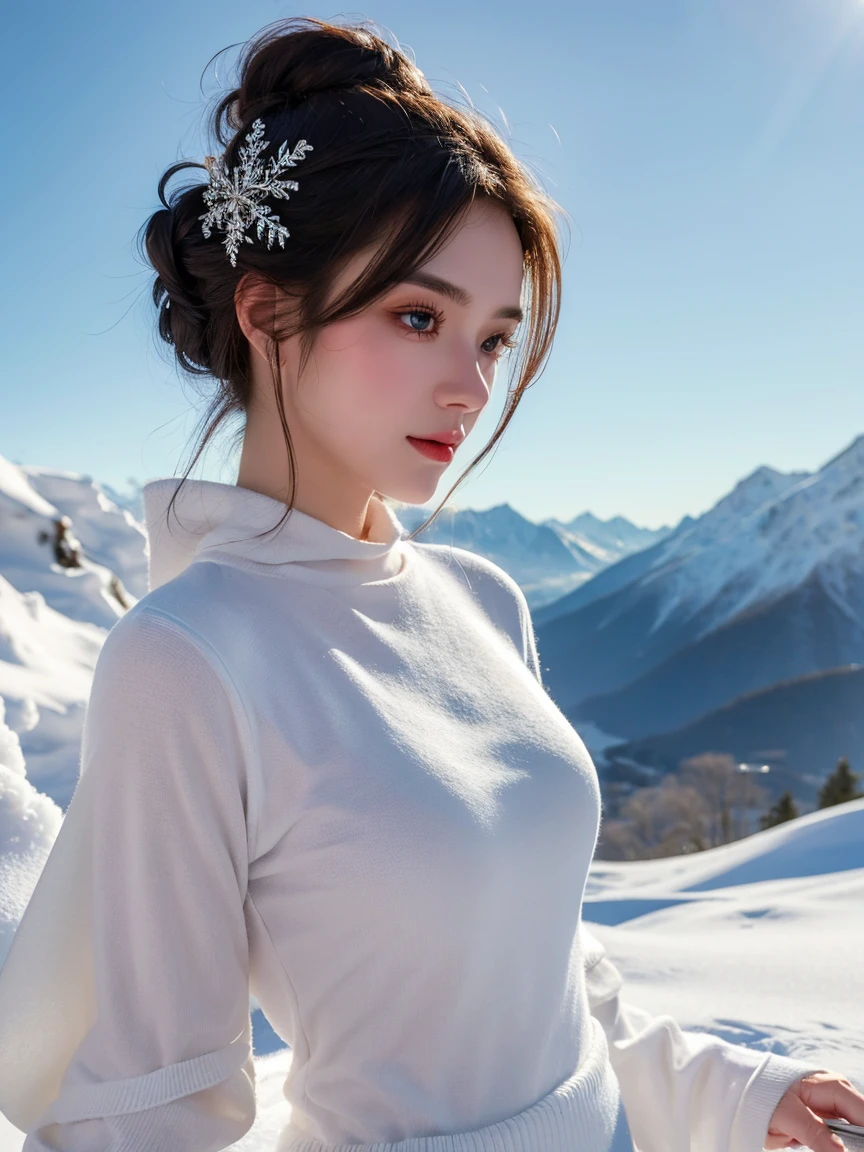 Highest quality, Super detailed, In detail, High resolution, Perfect dynamic composition, Beautiful attention to detail,Ski,Snow Mountain,winter,Long Updo