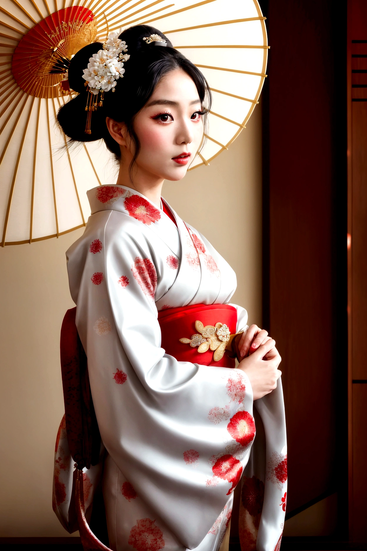 
裝飾華麗的藝妓,她是一个非常优雅美丽的25岁女人..,她的島田髮型展現得非常漂亮.,红白色传统和服