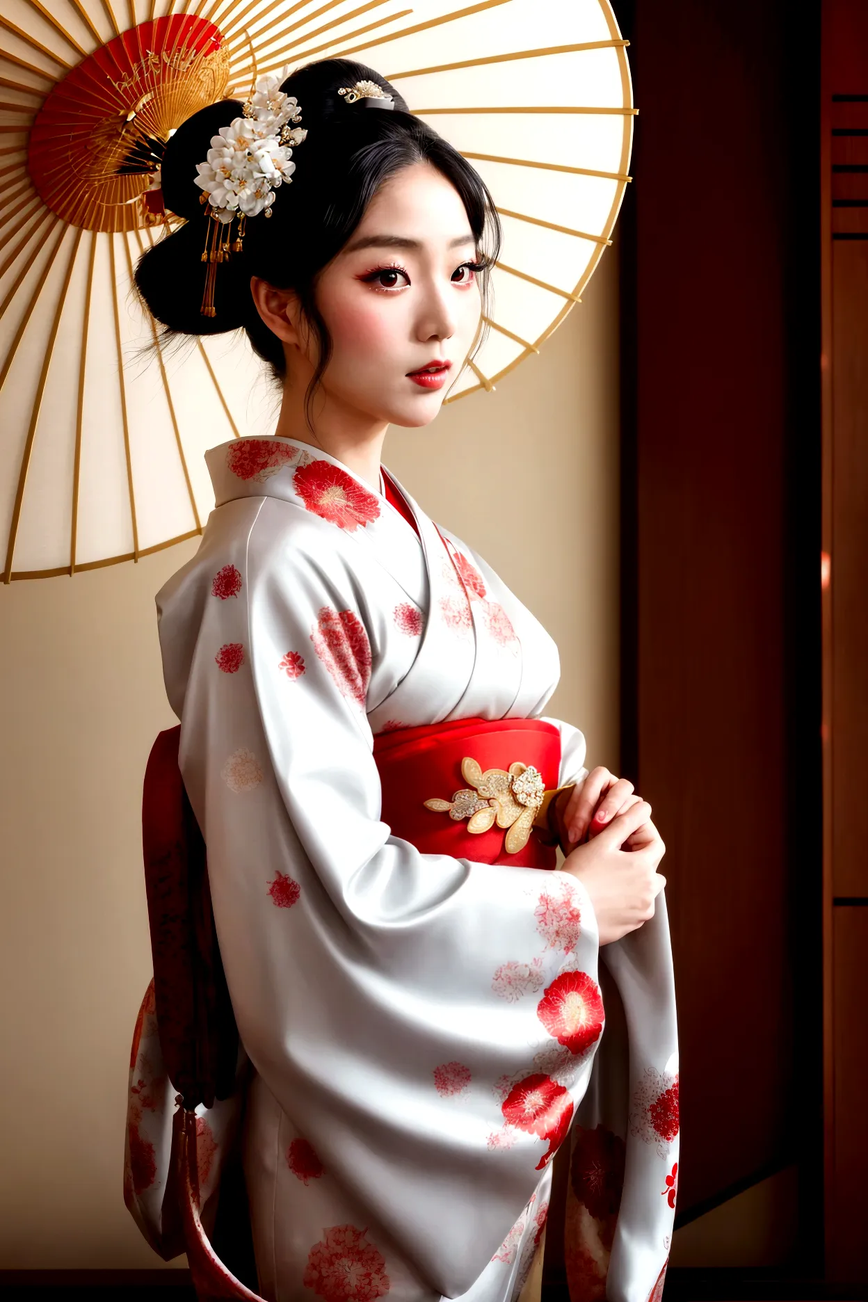 
A gorgeously decorated geisha,She is a very elegant and beautiful 25-year-old woman..,Her Shimada hairstyle is beautifully disp...