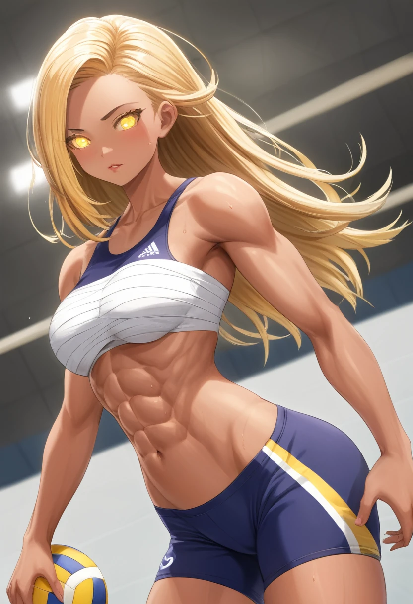 Prompt 

detailed illustration, (front view), (side view),dynamic angle, ultra-detailed, illustration, clean line art, shading, anime, detailed eyes, detailed face, beautiful face, dramatic lighting, detailed illustration, dynamic angle, ultra-detailed, illustration, single woman 

Fit, toned abs, ((volleyball shorts)), ((fundoshi breast wrap)), volleyball player, big round ass, big , caramel tan skin, dark skin tone, wide hips, narrow waist, thunder thighs, (blazing blonde hair), (glowing eyes), glowing sclera, muay thai wraps, small strong biceps, sweat, ((bandaged breasts))