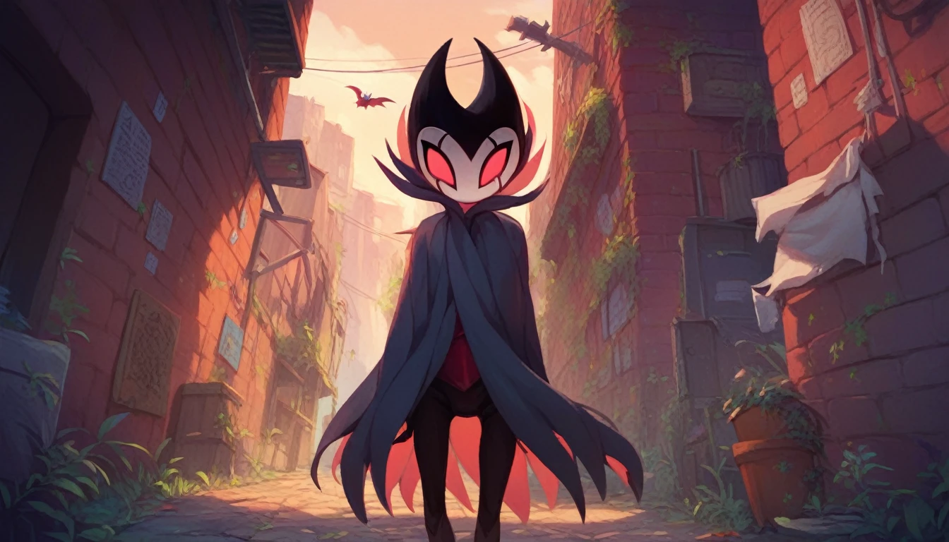 score_9, score_8_up, score_7_up, score_6_up, zPDXL2, grimm \(hollow knight\), vampire, bat, 1boy, solo, cute face, detailed eyes, landscape, outdoor, (solo portrait), (front view), clothed, highlight thighs, (dynamic poses), alley