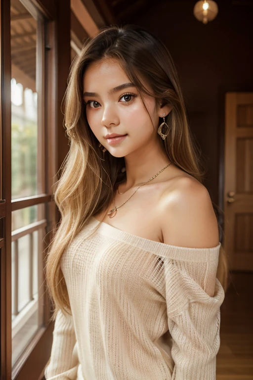 1Girl 18 years old, soli, Long hair, midsize , looking down at viewer, blond hair, bare shoulders, brown eyes, jewellery, full entire body, 项链, off shoulders, sheer-pullover, lips, realisti, nose, flirting with the camera