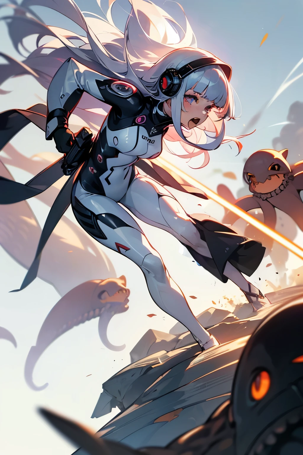 (Ultra-detailed face, roar, shout), (Full body, A young-aged woman with silver hair, blunt bangs, very long disheveled hair, and lavender eyes), (She wears a white combat suit with futuristic geometric patterns, a headset with a microphone, and a laser gun), BREAK (She roars, screams, and boldly fires her laser gun at a multitude of octopus aliens and glowing Adamski UFOs), BREAK (In the background, an army of ferocious octopus aliens, burning, smoking, destroyed buildings, and UFOs fly by)