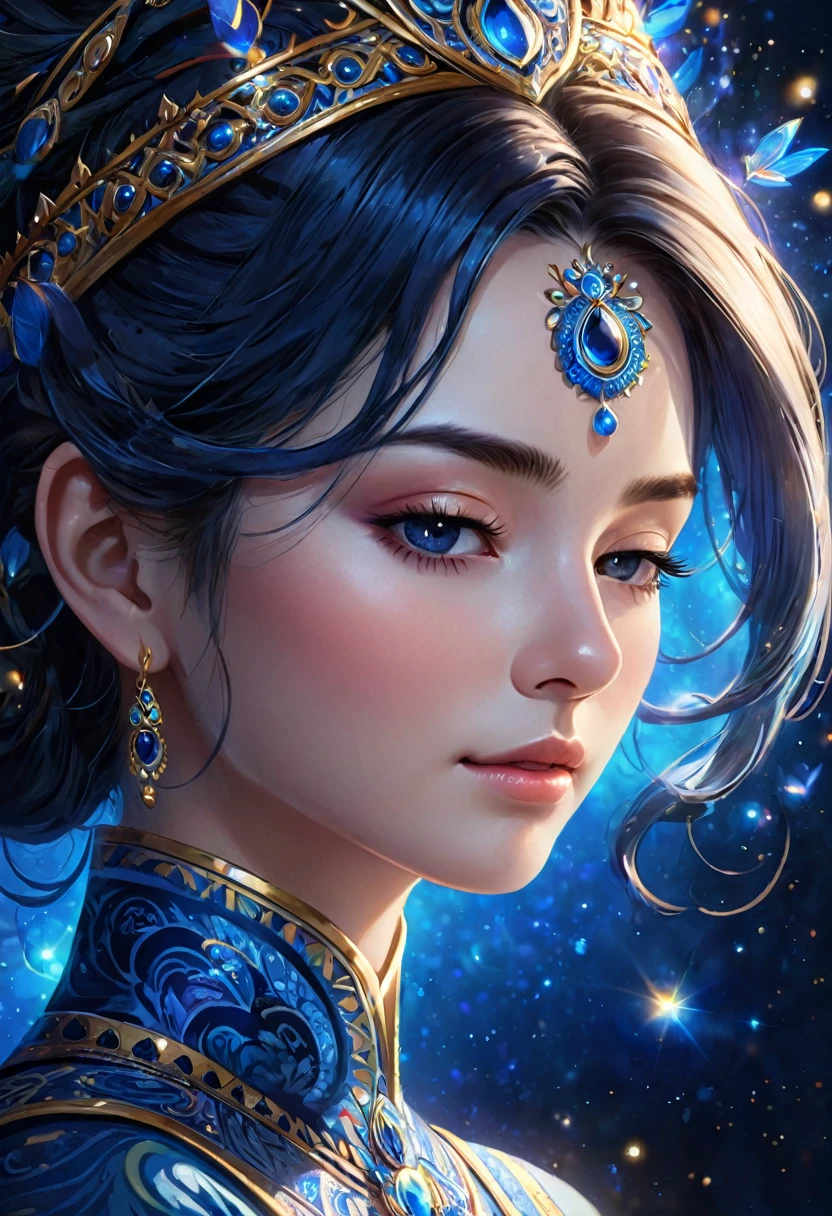 a close-up portrait of a woman with her eyes closed, the center of her forehead glowing an indigo blue, a serene and blissful expression on her face, (best quality,8k,highres,masterpiece:1.2),ultra-detailed,(realistic,photorealistic,photo-realistic:1.37),detailed facial features,flawless skin,glowing skin,serene expression,intricate details,radiant chakra,spiritual,ethereal,mystical