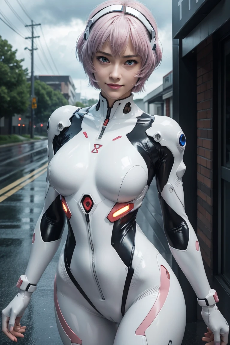 Evangelion,Rei Ayanami,Plug Suit,Bodysuits,Interface Headset,白いBodysuits,Ultra HD,super high quality,masterpiece,Digital SLR,Photorealistic,Detailed details,Vivid details,Depicted in detail,A detailed face,Detailed details,Super Detail,Realistic skin texture,Anatomical basis,Perfect Anatomy,Anatomically correct hand,Anatomically correct fingers,Complex 3D rendering,Sexy pose,Rainy Sky,Beautiful scenery,Fantastic rainy sky,Picturesque,Pink Lips,smile,