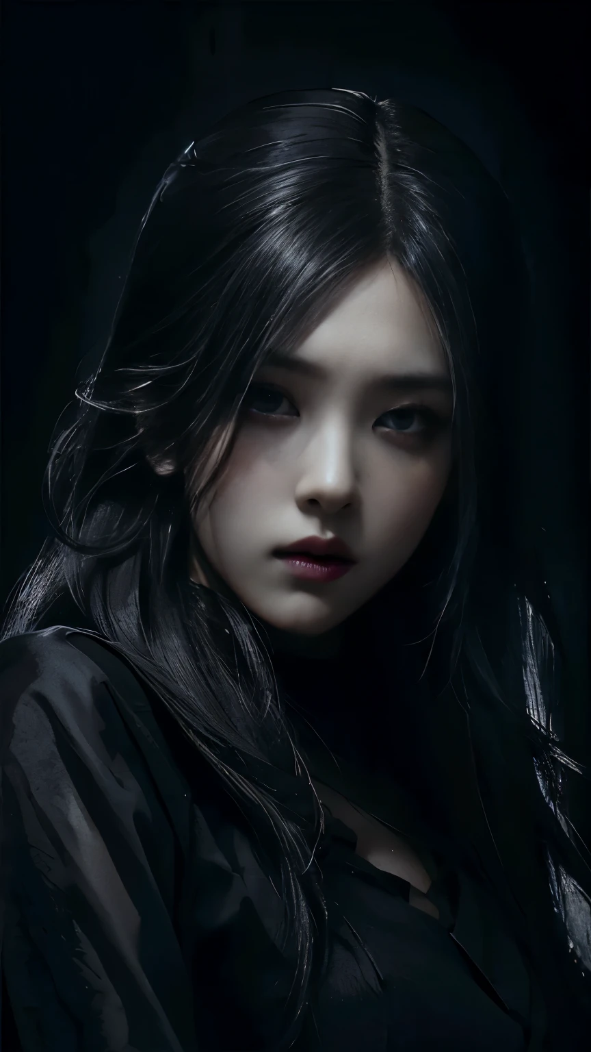 (best quality, highres:1.2), realistic, black dress, black hair, dark theme, black background, dark ninja, intense gaze, elegant posture, flowing dress, detailed facial features, long eyelashes, contrast, fine details, dramatic atmosphere, gothic style, intense emotions, monochrome color palette, captivating setting, haunting beauty, artistic photography, everything is black
