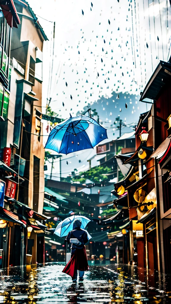 고조 사토루라는 애니메이션 캐릭터는 21세입니다. 흰 머리와 둥근 유리, 떨어지는 빗물 속에 우산을 들고 서기