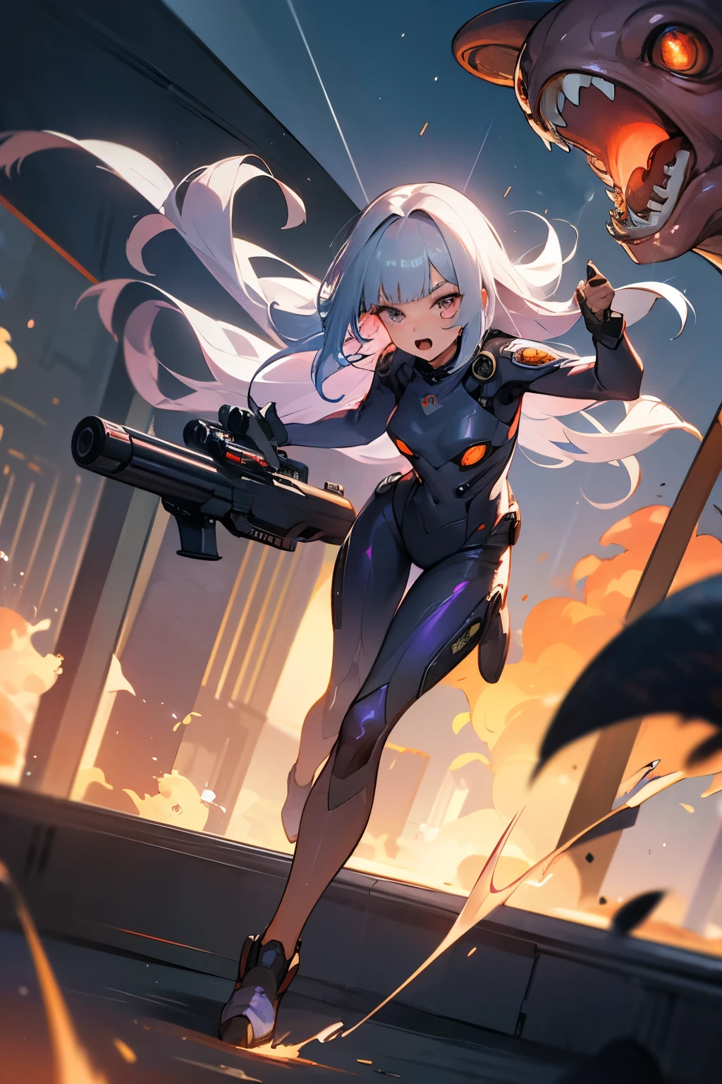 (Ultra-detailed face, roar, shout), (Full body, A young-aged woman with silver hair, blunt bangs, very long disheveled hair, and lavender eyes), (She wears a white combat suit with futuristic geometric patterns, a headset with a microphone, and a laser gun), BREAK (She roars, screams, and boldly fires her laser gun at a multitude of octopus aliens and glowing Adamski UFOs), BREAK (In the background, an army of ferocious octopus aliens, burning, smoking, destroyed buildings, and UFOs fly by)