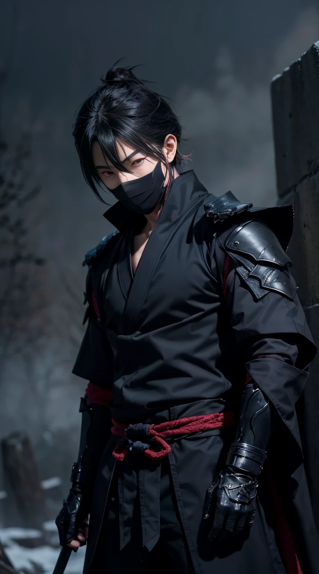 Erstellen Sie ein Bild von Fuuma Kotaro, ein unheimlicher Ninja mit einem außerweltlichen Aussehen. Er sollte eine mysteriöse, Schattenform mit durchdringendem, glühende Augen. Seine Kleidung sollte traditionelle Ninja-Kleidung sein, aber mit dunklen, übernatürliche Verbesserungen. Die Einstellung sollte dunkel sein, nebliger Wald oder eine alte Festung, betont seine Heimlichkeit und Bedrohlichkeit.
