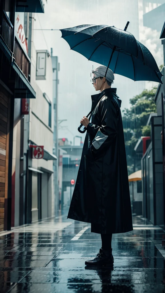 AN ANIME CHARACTER NAMED GOJO SATORU IS 21 YEARS OLD. WITH WHITE HAIR AND ROUND GLASS, STANDING UNDER FALLING RAIN WATER WHILE HOLDING AN UMBRELLA