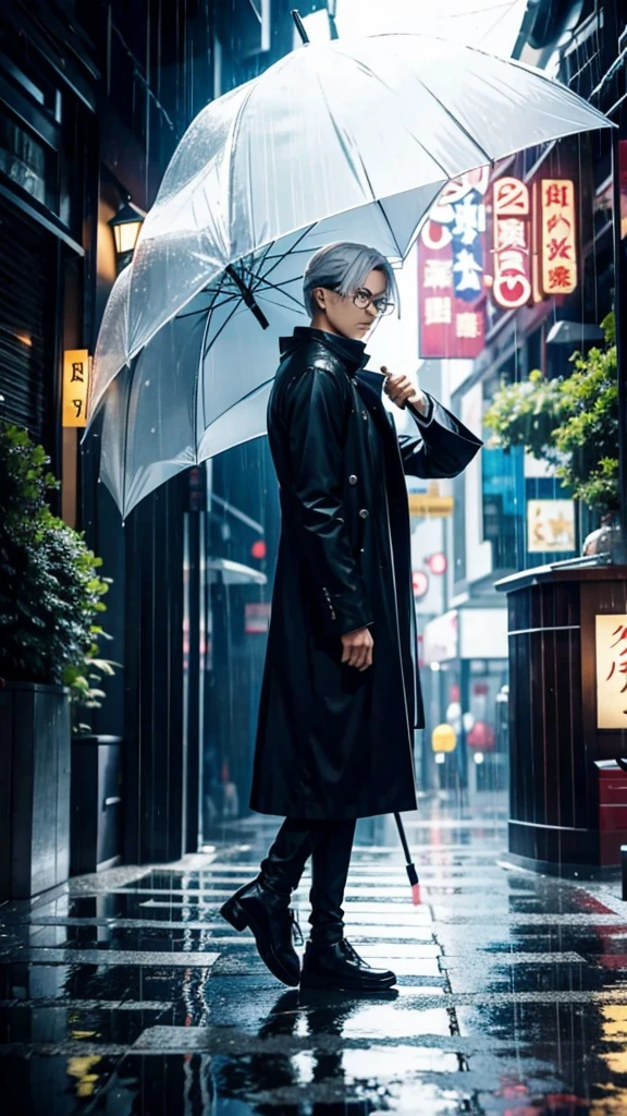 AN ANIME CHARACTER NAMED GOJO SATORU IS 21 YEARS OLD. WITH WHITE HAIR AND ROUND GLASS, STANDING UNDER FALLING RAIN WATER WHILE HOLDING AN UMBRELLA