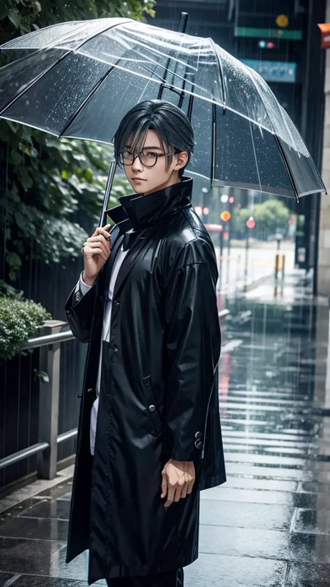 AN ANIME CHARACTER NAMED GOJO SATORU IS 21 YEARS OLD. WITH WHITE HAIR AND ROUND GLASS, STANDING UNDER FALLING RAIN WATER WHILE H...
