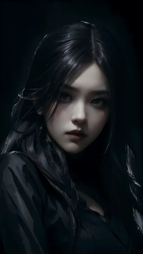 (best quality, highres:1.2), realistic, black dress, black hair, dark theme, black background, dark ninja, intense gaze, elegant...