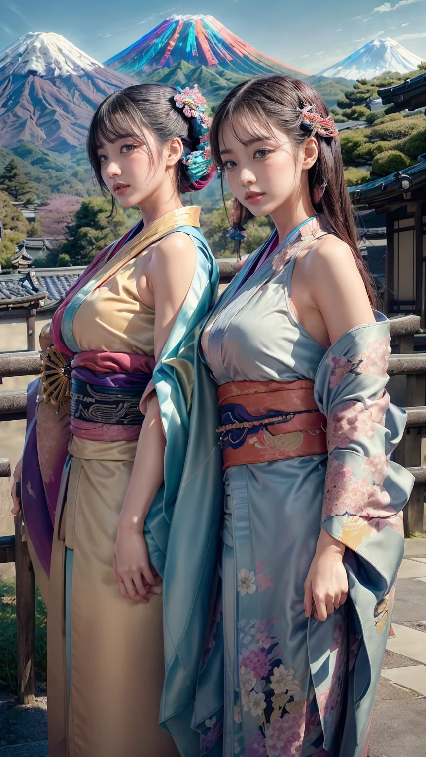Highest quality, masterpiece, High resolution, 8K, (Realistically：1.4), 超High resolution, One girl, Super detailed, Ultra-realistic, Highly detailed CG illustrations, Official Art, Cinematic light, Realistic, Young and beautiful girl, Full POV, best quality, masterpiece, New Year, 

(Kimono with strikingly beautiful colors:1.7), 

Three Japanese high-school cute girls, looking straight, 

gently smiling, white short scarf, white feather shawl, 

(separately side by side:1.4), 

(The image shows only the upper body:1.7),

 shrine background, (mount Fuji:1.3),winter(season),(outdoors:1.5)