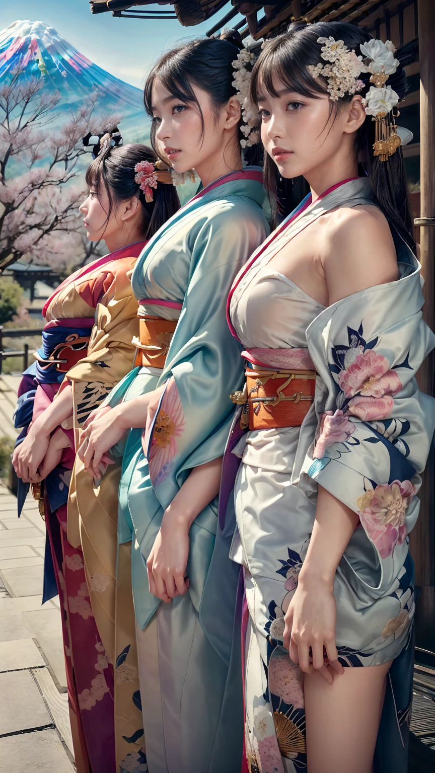Highest quality, masterpiece, High resolution, 8K, (Realistically：1.4), 超High resolution, One girl, Super detailed, Ultra-realistic, Highly detailed CG illustrations, Official Art, Cinematic light, Realistic, Young and beautiful girl, Full POV, best quality, masterpiece, New Year, 

(Kimono with strikingly beautiful colors:1.7), 

Three Japanese high-school cute girls, looking straight, 

gently smiling, white short scarf, white feather shawl, 

(separately side by side:1.4), 

(The image shows only the upper body:1.7),

 shrine background, (mount Fuji:1.3),winter(season),(outdoors:1.5)