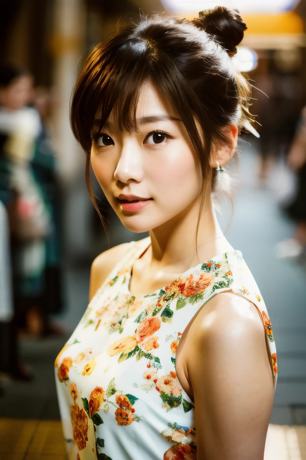 photoshoot by deborahWolf1, A skinny Japanese woman, (brown hair), (hair with elegant bun), cute face, detailed face, detailed eyes, detailed skin texture, (blush:0.2), (goosebumps:0.3), (White floral dress), underground scattering, Photorealistic, Hyperrealistic, hyperdetailed, analog style , tilted hip, demure, detailed skin, matte skin, soft lighting, subterranean scattering, realistic, heavy shadow, artwork, Best quality, ultra realistic, 8k, golden ratio, intricate, high detail, film photography, soft focus, stem, (({full|upper} body photo))