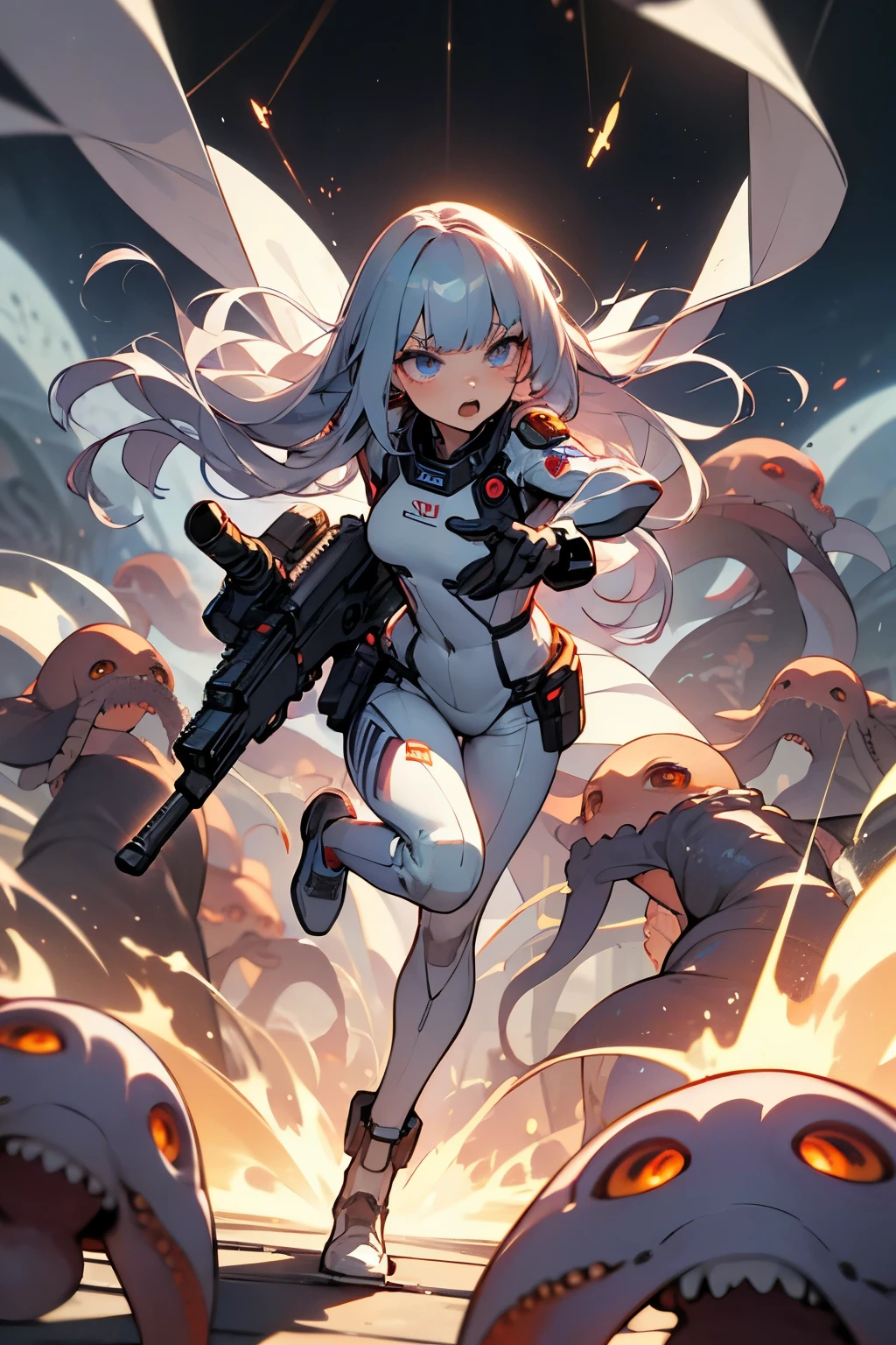 (Ultra-detailed face, roar, shout), (Full body, A young-aged woman with silver hair, blunt bangs, very long disheveled hair, and lavender eyes), (She wears a white combat suit with futuristic geometric patterns, a headset with a microphone, and a laser gun), BREAK (She roars, screams, and boldly fires her laser gun at a multitude of octopus aliens and glowing Adamski UFOs), BREAK (In the background, an army of ferocious octopus aliens, burning, smoking, destroyed buildings, and UFOs fly by)