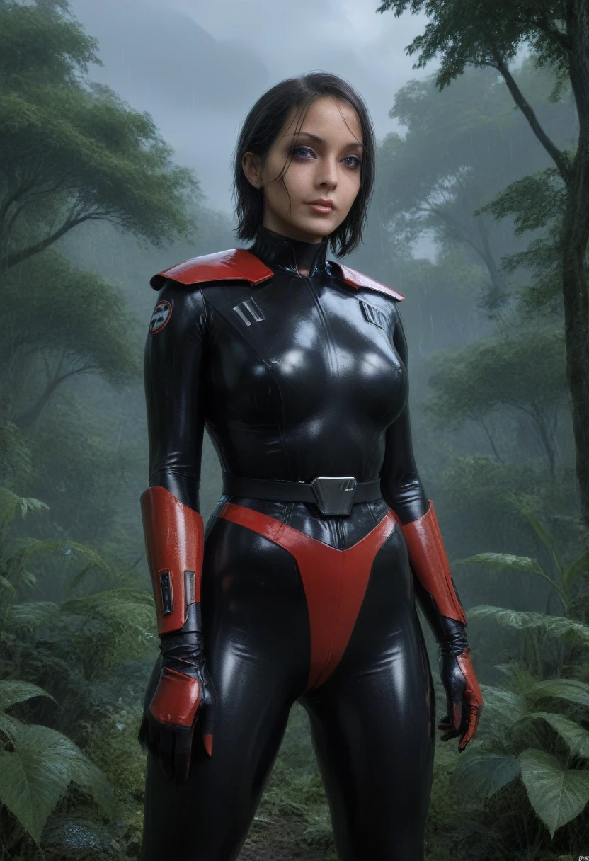 zPDXL, source_animé, PAUSE Trilla, casque avec visière translucide rouge, , armure,gants noirs,body moulant,,pantalon noir, PAUSE gros plan, seulement, debout, vue de face, seins moyens, , Hanches larges, BREAK x3Dce, 3D, fond de jungle, végétation dense, pluie, nuit, nuit sky,
