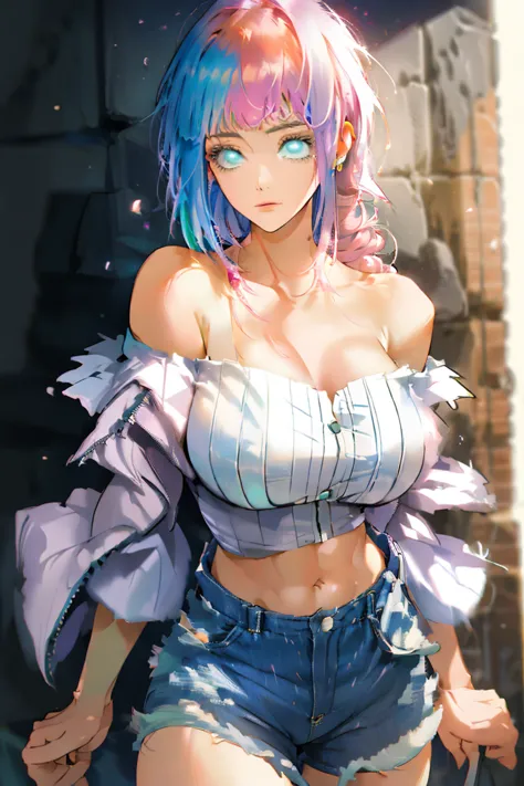 （（best quality，8K，masterpiece：1.4））， Pink Hair，Long braid on one side， External，（ Bare lower breasts，Plain white off-the-shoulde...