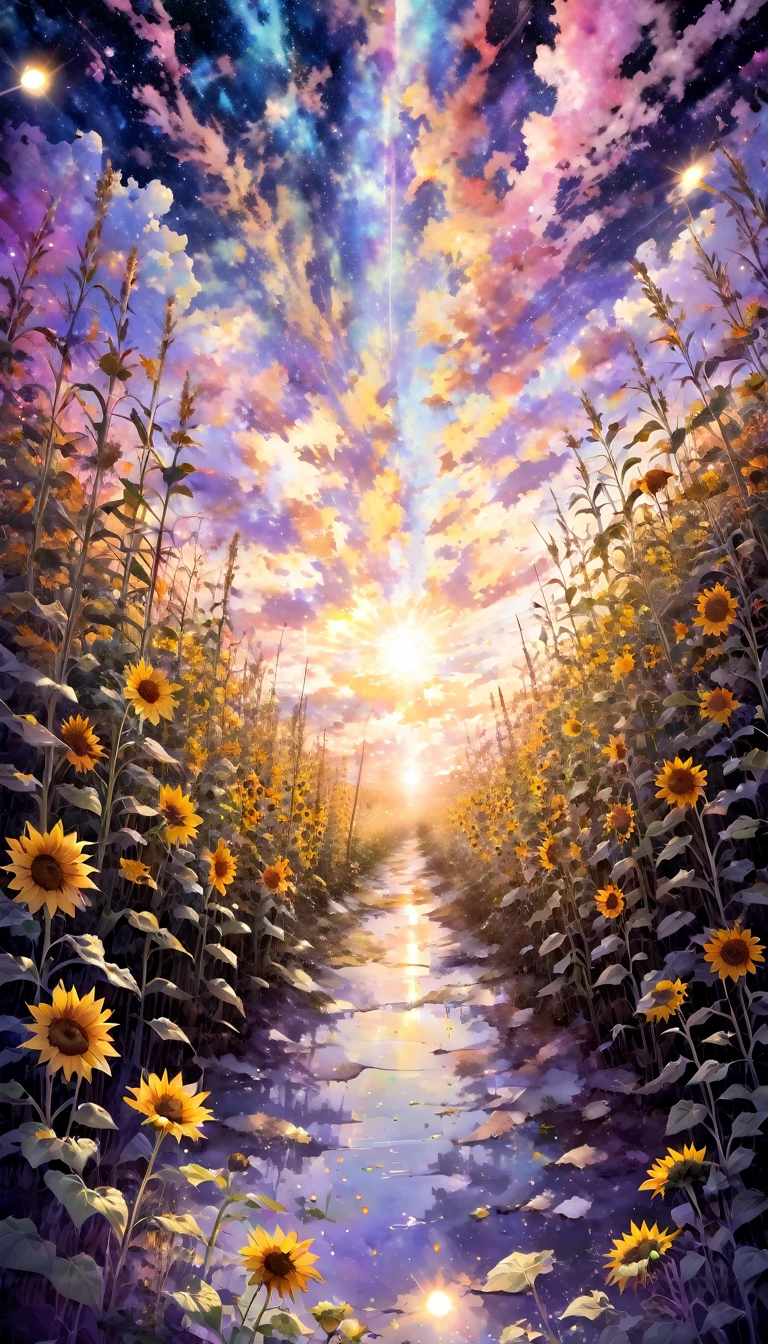 Rabbit, sunflower, 辺り一面のsunflowerのsunflower畑, masterpiece, Highest quality, Super detailed, Very detailed, Full HD, 16K, Absurd, Huge scale, Golden Ratio, Wide-angle lens, Milky Way, landscape, In space, In complex style, A vibrant academia, pastel academia, Soft Surface, Dreamy watercolor painting, Splatter Watercolor, From above, Warm lighting, Pinhole camera, Deep Focus, Depth of written boundary