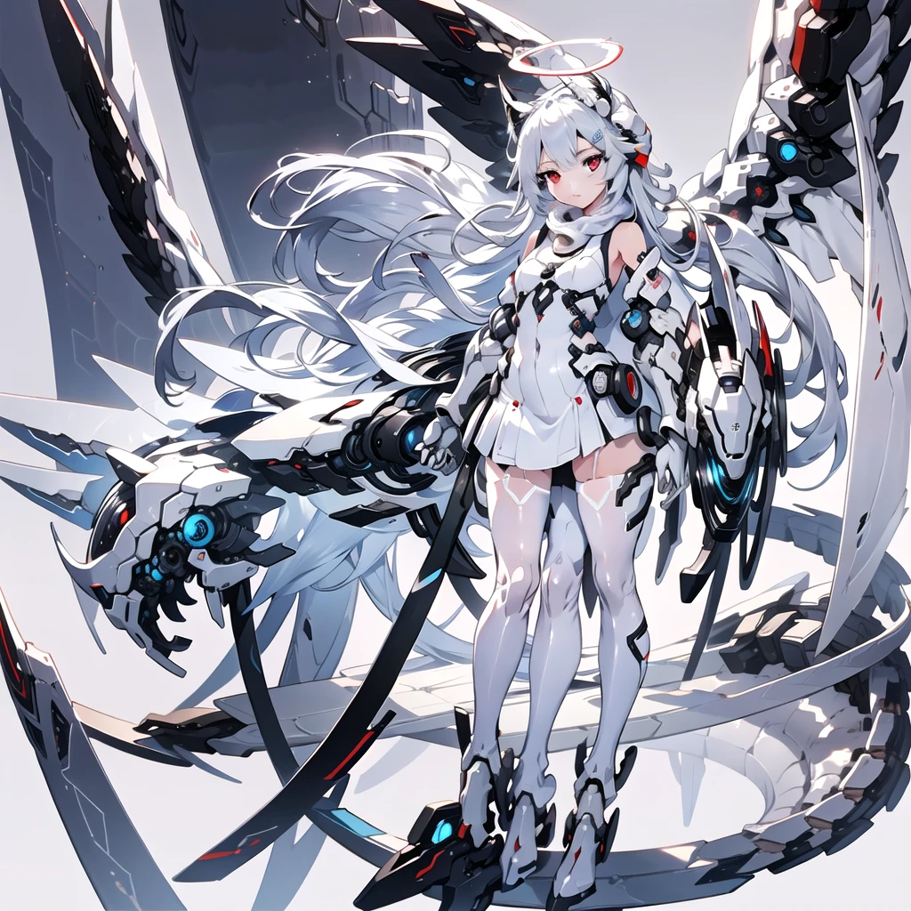 masterpiece, highest quality, highest resolution, clear_image, detailed details, White hair, long hair, cat ears, 1 girl, red eyes, white pantyhose, sci-fi dress, white scarf (white scarf around the neck with a light blue glow), gray futuristic halo (gray halo over the head), white wings (4 wings), cute, full body, no water marks, snow, normal ears