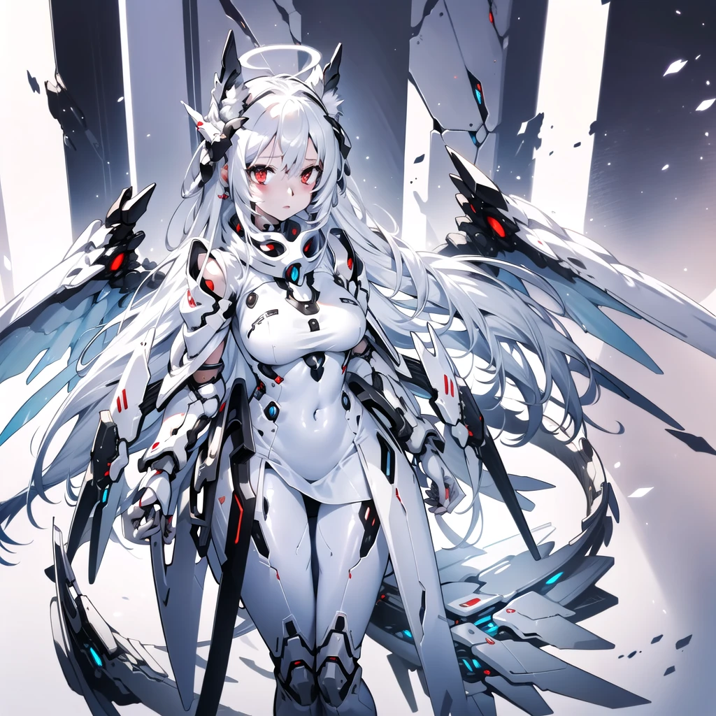 masterpiece, highest quality, highest resolution, clear_image, detailed details, White hair, long hair, cat ears, 1 girl, red eyes, white pantyhose, sci-fi dress, white scarf (white scarf around the neck with a light blue glow), gray futuristic halo (gray halo over the head), white wings (6 wings), cute, full body, no water marks, snow, normal ears